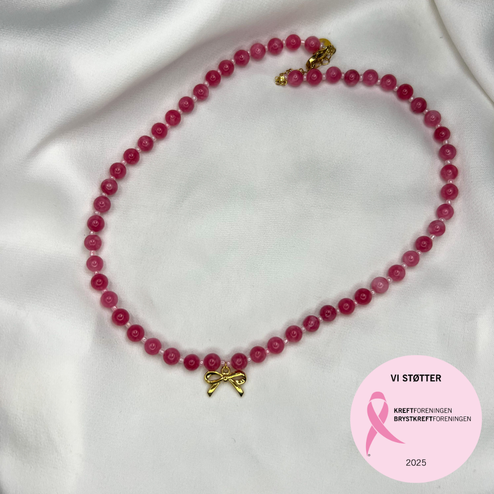 Rosa oktober – Halskjede– Rosa stein & sløyfe