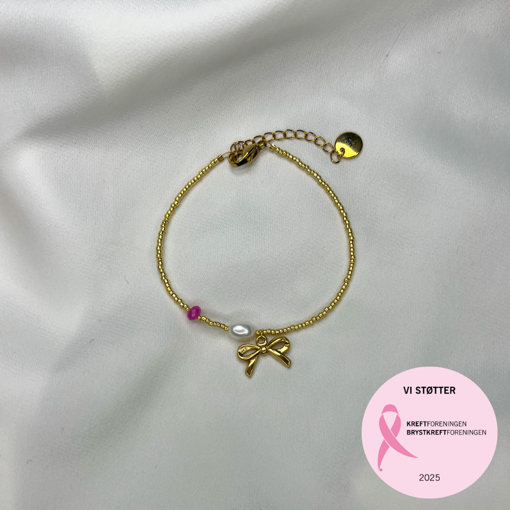 Rosa oktober – Armbånd – Sløyfe, perle og rosa hint