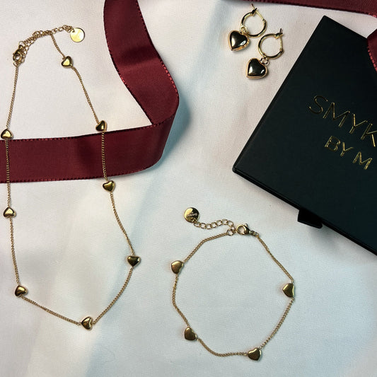 Smykkesett - Gullhjerte - Øredobber, Halskjede & Armbånd